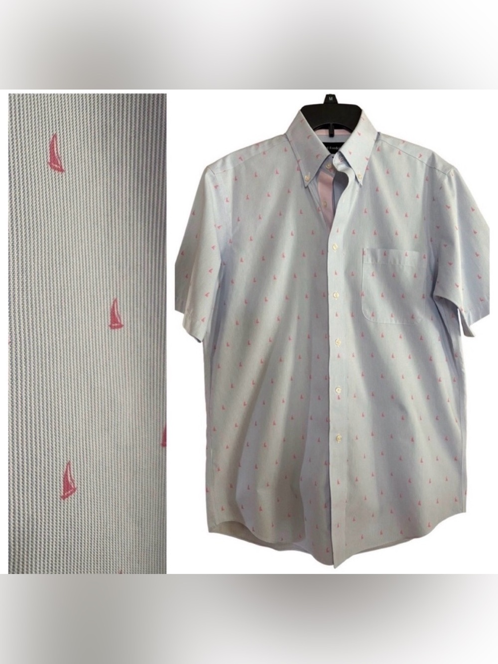 Sailboats Paul Fredrick Light Blue Oxford Stripe Shirt Pink Button Placket 15